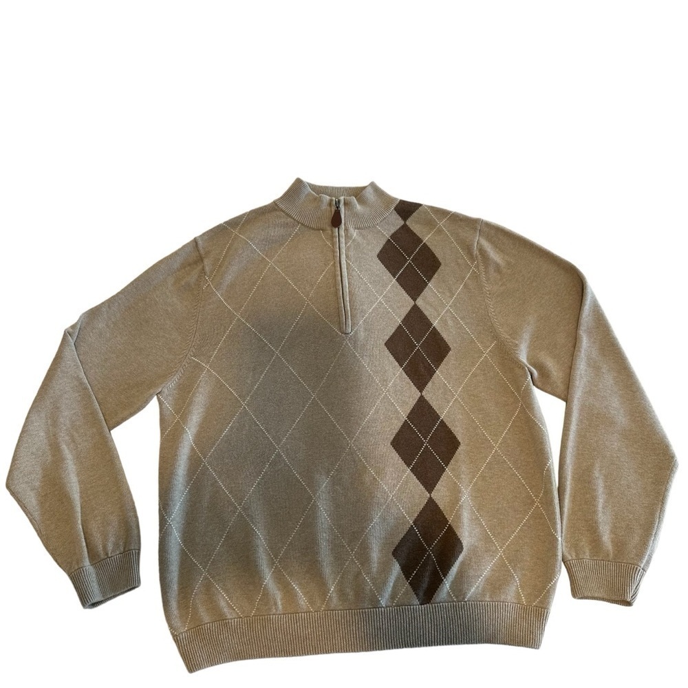 Walter Hagan Mens Sweater Large tan brown Argyle 1/4 Zip Golf 100% Cotton